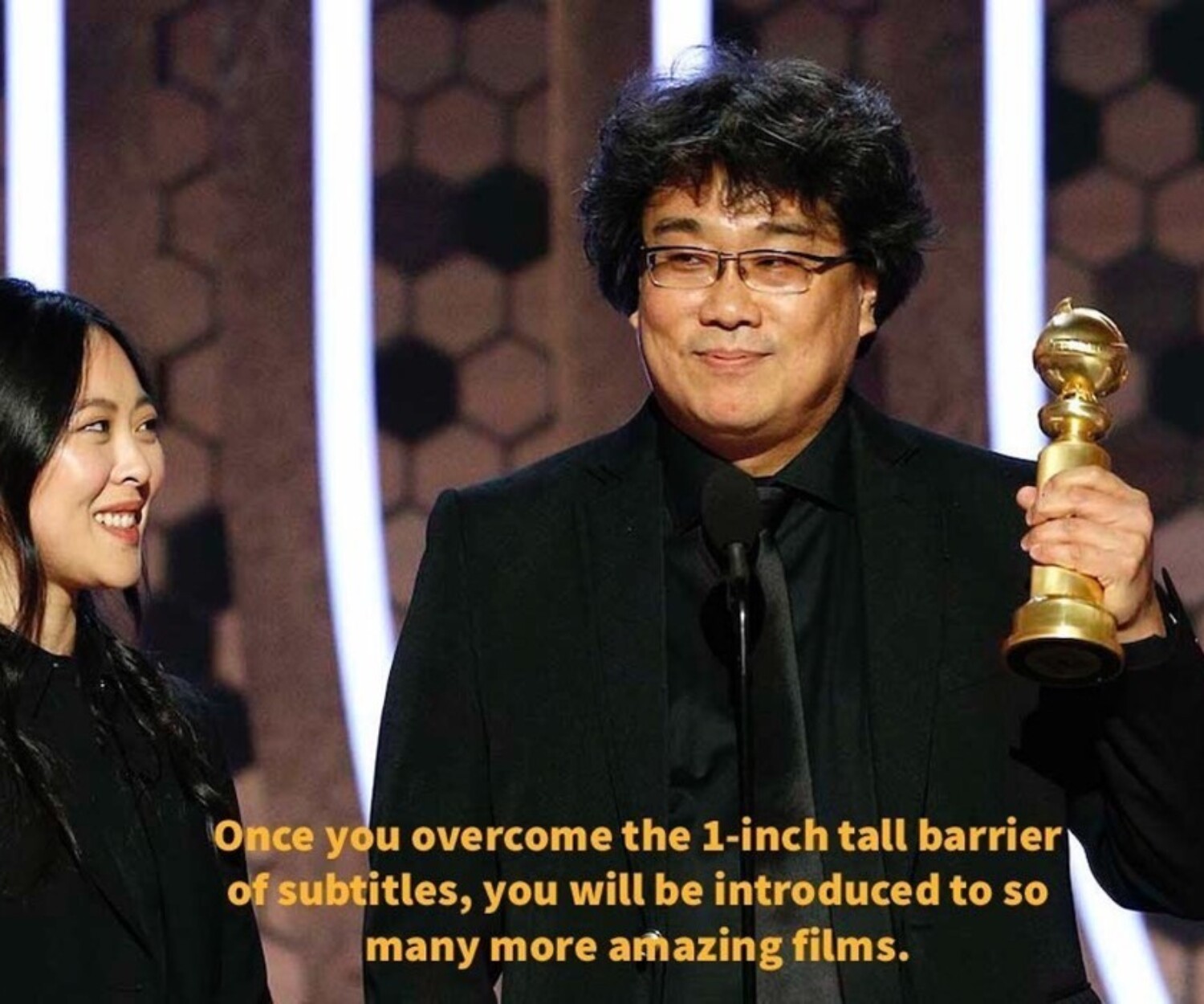 Parasite director Bong Joon Ho delivers his acceptance speech for best foreign language film at the Golden Globes via YouTube